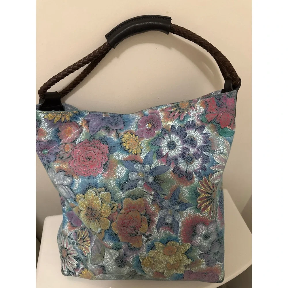 Uno Alla Volta Italian Leather Floral Metallic Hobo Bag BlueTassel Made in Italy